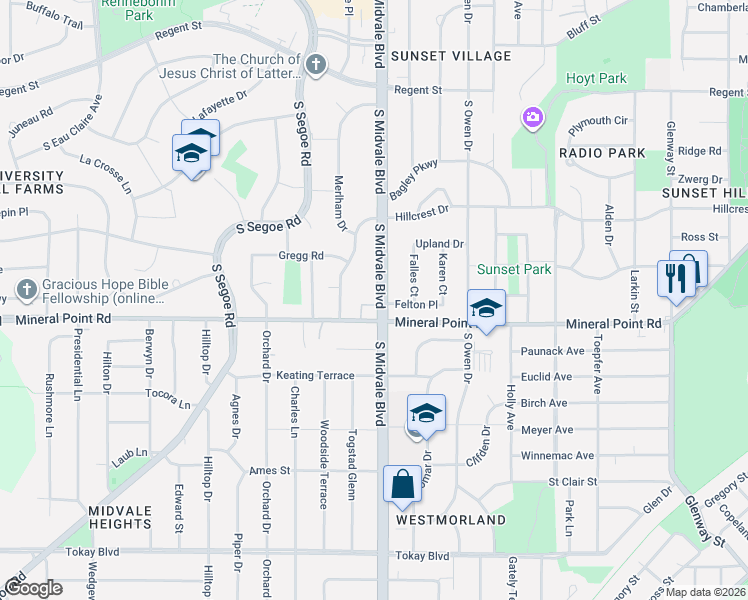 map of restaurants, bars, coffee shops, grocery stores, and more near 309 South Midvale Boulevard in Madison