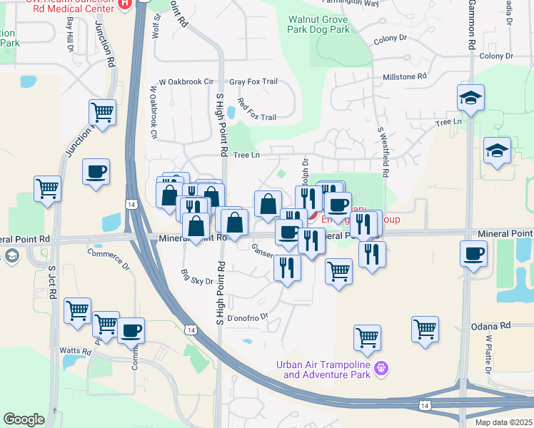 map of restaurants, bars, coffee shops, grocery stores, and more near 230 Randolph Drive in Madison