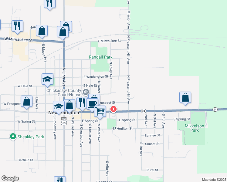 map of restaurants, bars, coffee shops, grocery stores, and more near 200-318 N Foley Ave in New Hampton
