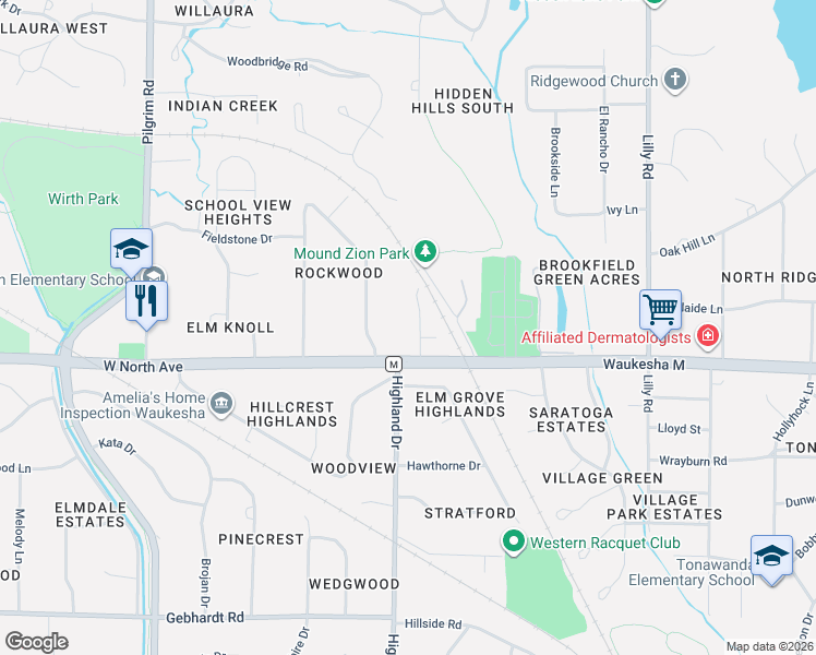 map of restaurants, bars, coffee shops, grocery stores, and more near 2400 West Rockway Lane in Brookfield