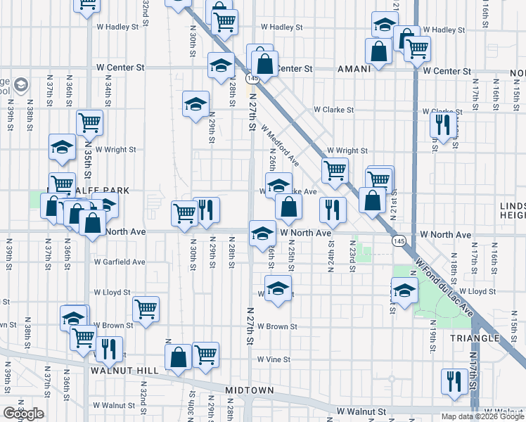 map of restaurants, bars, coffee shops, grocery stores, and more near 2342 North 27th Street in Milwaukee