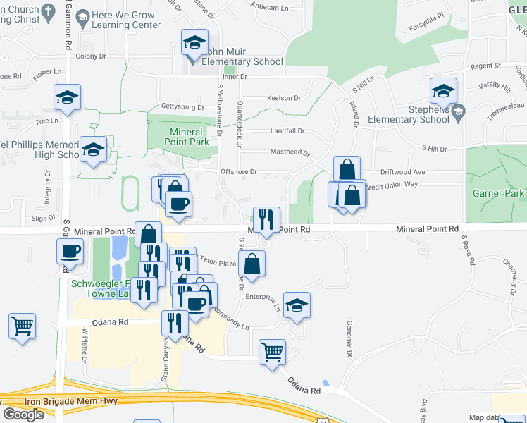 map of restaurants, bars, coffee shops, grocery stores, and more near 302 Nautilus Drive in Madison