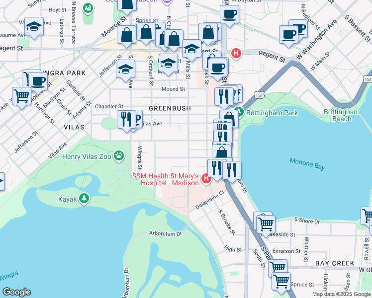 map of restaurants, bars, coffee shops, grocery stores, and more near 512 South Mills Street in Madison