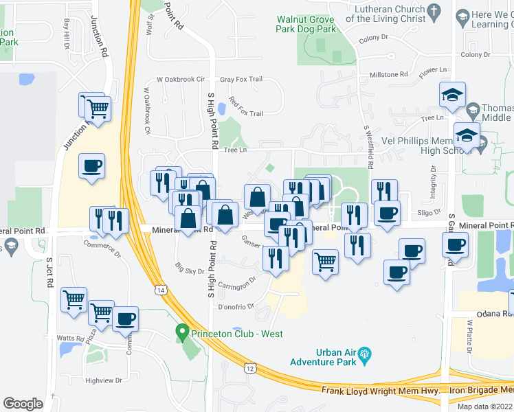 map of restaurants, bars, coffee shops, grocery stores, and more near 7606 Westward Way in Madison