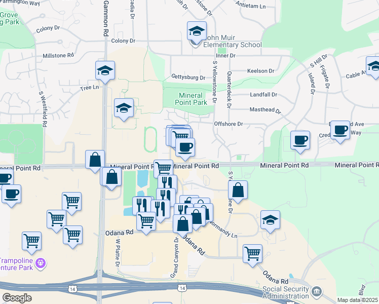 map of restaurants, bars, coffee shops, grocery stores, and more near 6608 Mineral Point Road in Madison