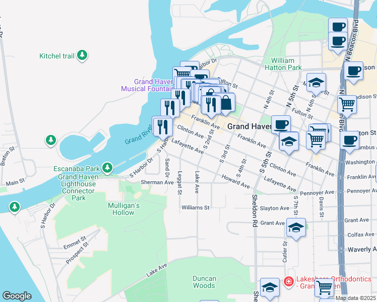map of restaurants, bars, coffee shops, grocery stores, and more near 103 Lafayette Avenue in Grand Haven