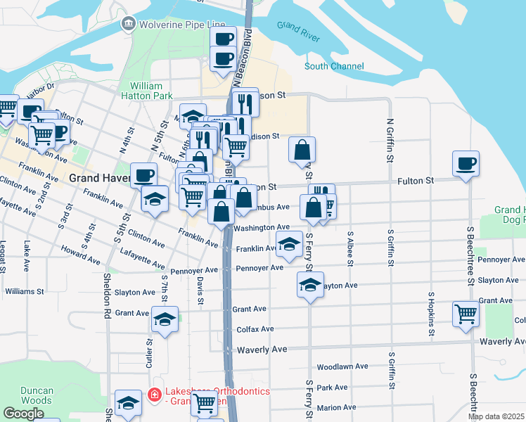 map of restaurants, bars, coffee shops, grocery stores, and more near 916 Columbus Avenue in Grand Haven