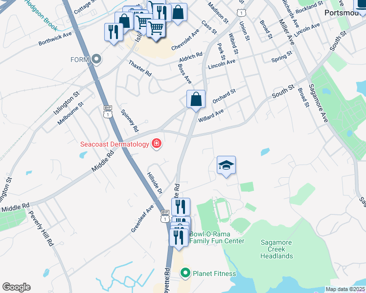 map of restaurants, bars, coffee shops, grocery stores, and more near in Portsmouth
