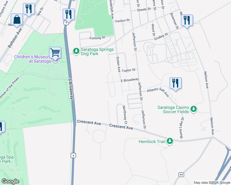 map of restaurants, bars, coffee shops, grocery stores, and more near 6 Chloes Way in Saratoga Springs