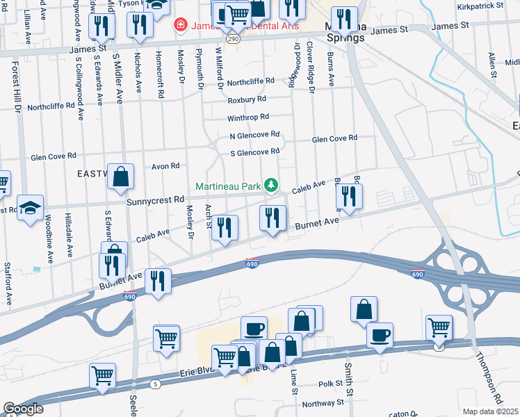 map of restaurants, bars, coffee shops, grocery stores, and more near 1430 Sunnycrest Road in Syracuse