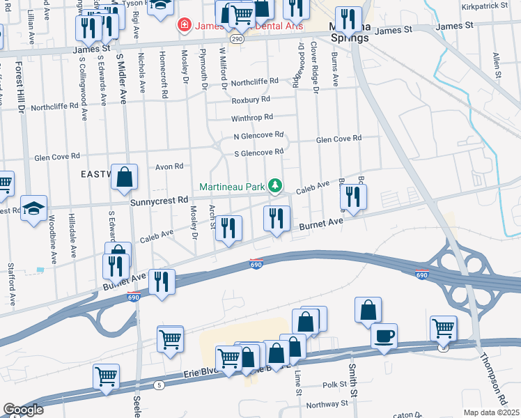 map of restaurants, bars, coffee shops, grocery stores, and more near 1430 Sunnycrest Road in Syracuse