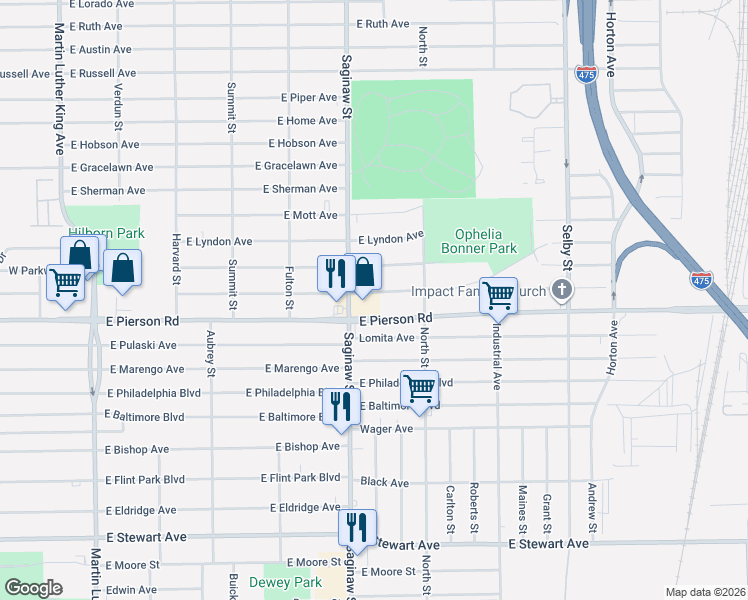 map of restaurants, bars, coffee shops, grocery stores, and more near 729 East Ridgeway Avenue in Flint