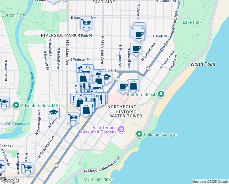 map of restaurants, bars, coffee shops, grocery stores, and more near 2400 North Prospect Avenue in Milwaukee