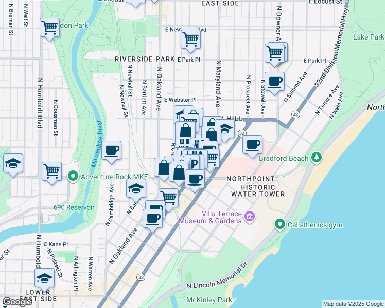map of restaurants, bars, coffee shops, grocery stores, and more near 2428 North Murray Avenue in Milwaukee