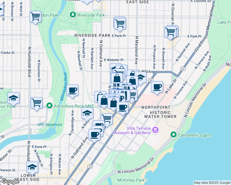 map of restaurants, bars, coffee shops, grocery stores, and more near 2422 North Cramer Street in Milwaukee