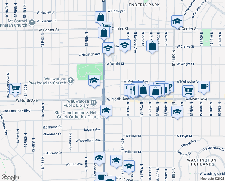 map of restaurants, bars, coffee shops, grocery stores, and more near 7500 West North Avenue in Wauwatosa