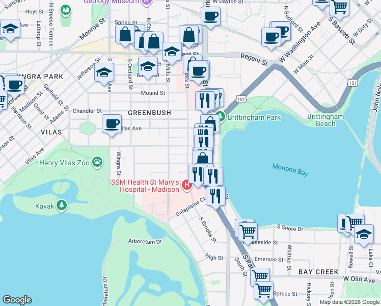 map of restaurants, bars, coffee shops, grocery stores, and more near 902 Drake Street in Madison