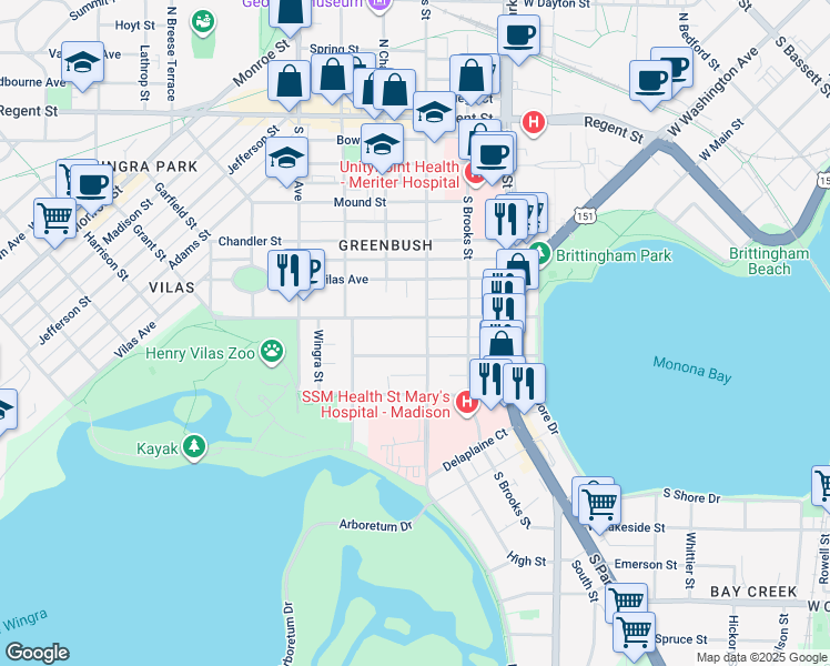 map of restaurants, bars, coffee shops, grocery stores, and more near 1113 Drake Street in Madison