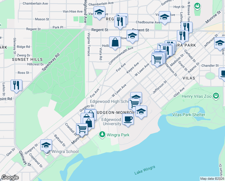 map of restaurants, bars, coffee shops, grocery stores, and more near 2302 Keyes Avenue in Madison