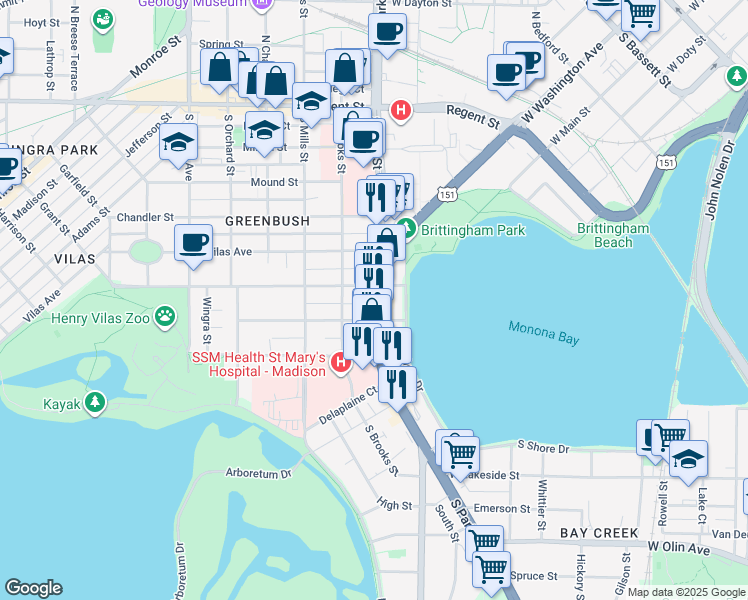 map of restaurants, bars, coffee shops, grocery stores, and more near 902 Drake Street in Madison