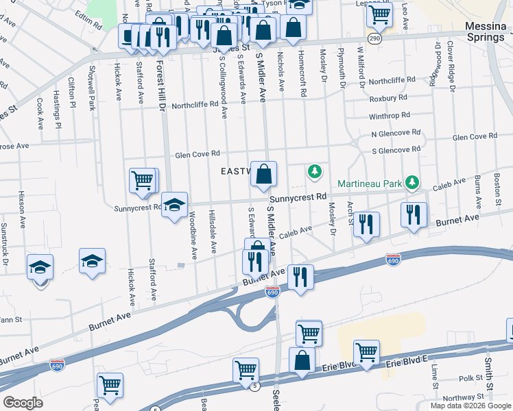 map of restaurants, bars, coffee shops, grocery stores, and more near 801 Sunnycrest Road in Syracuse