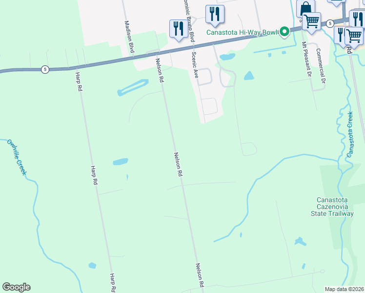 map of restaurants, bars, coffee shops, grocery stores, and more near 7136 Nelson Road in Canastota