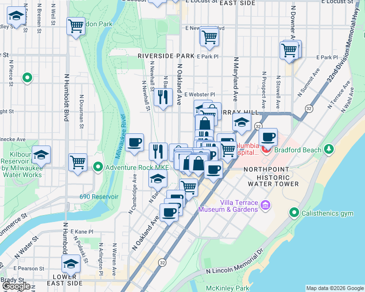 map of restaurants, bars, coffee shops, grocery stores, and more near 2406 North Oakland Avenue in Milwaukee