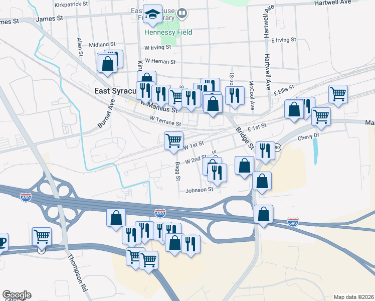 map of restaurants, bars, coffee shops, grocery stores, and more near 123 West 1st Street in East Syracuse
