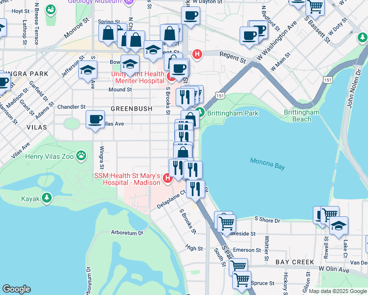 map of restaurants, bars, coffee shops, grocery stores, and more near 902 Drake Street in Madison