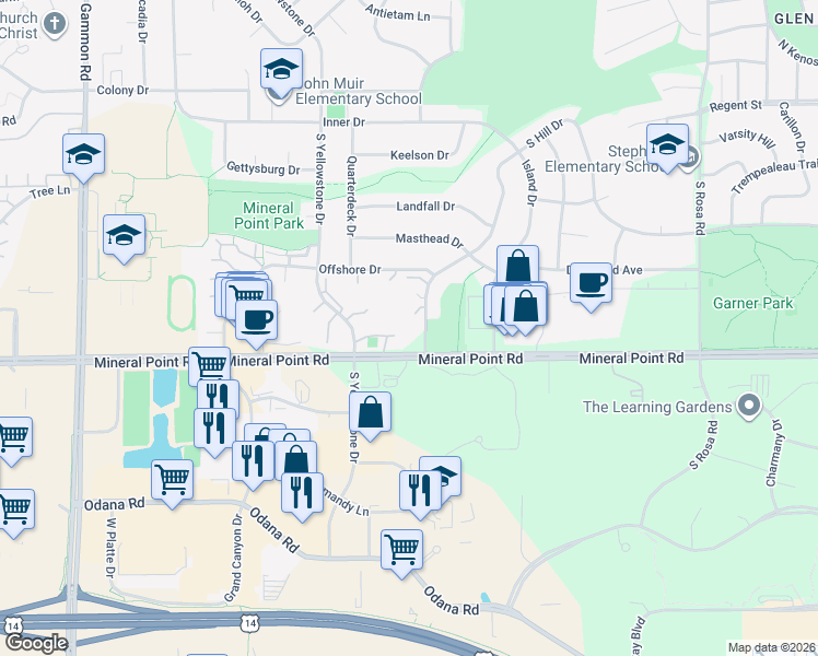 map of restaurants, bars, coffee shops, grocery stores, and more near 302 Nautilus Drive in Madison