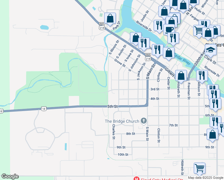 map of restaurants, bars, coffee shops, grocery stores, and more near 1 Wildwood Road in Charles City