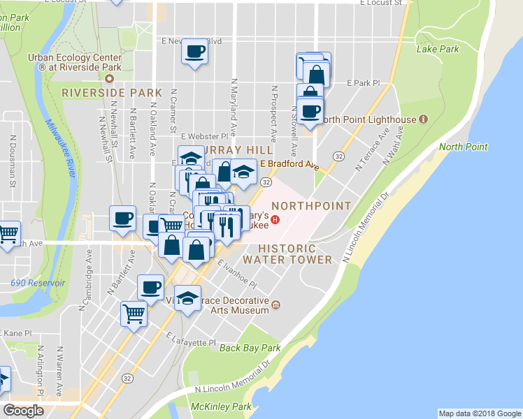map of restaurants, bars, coffee shops, grocery stores, and more near 2400 North Prospect Avenue in Milwaukee