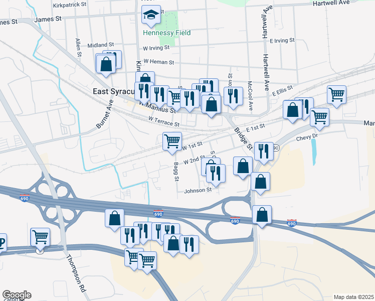 map of restaurants, bars, coffee shops, grocery stores, and more near 123 West 1st Street in East Syracuse
