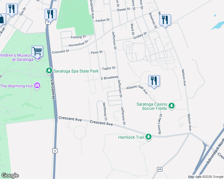 map of restaurants, bars, coffee shops, grocery stores, and more near 1 Maria Lane in Saratoga Springs