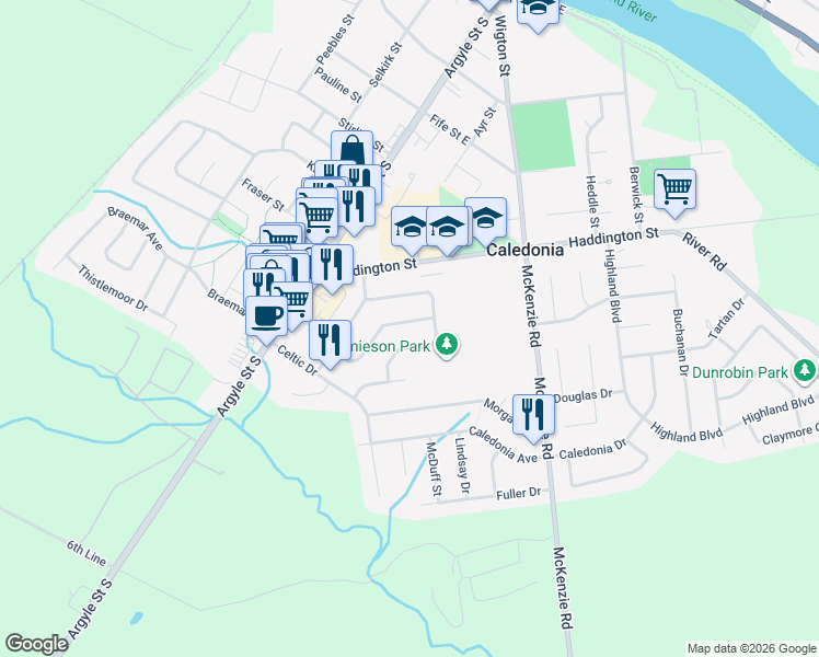 map of restaurants, bars, coffee shops, grocery stores, and more near 40 Hyslop Drive in Caledonia
