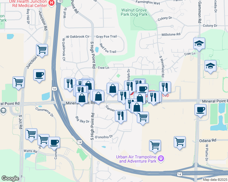 map of restaurants, bars, coffee shops, grocery stores, and more near 230 Randolph Drive in Madison