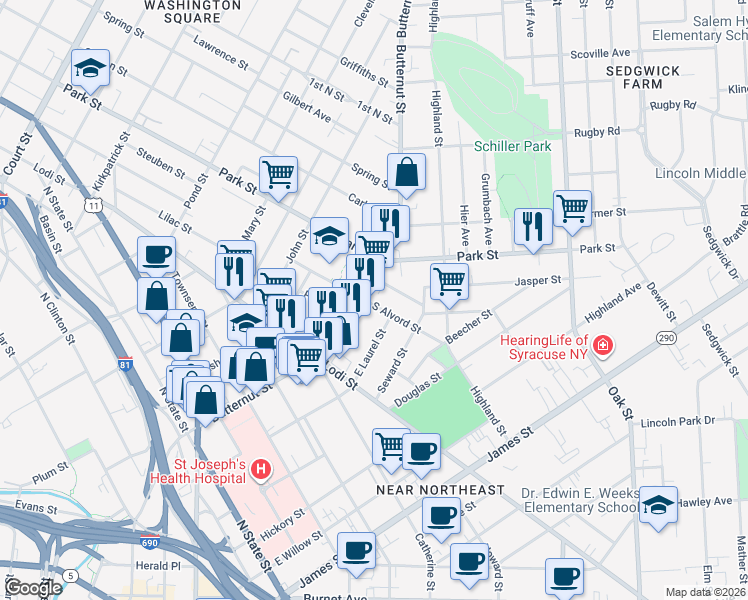 map of restaurants, bars, coffee shops, grocery stores, and more near 808 Butternut Street in Syracuse