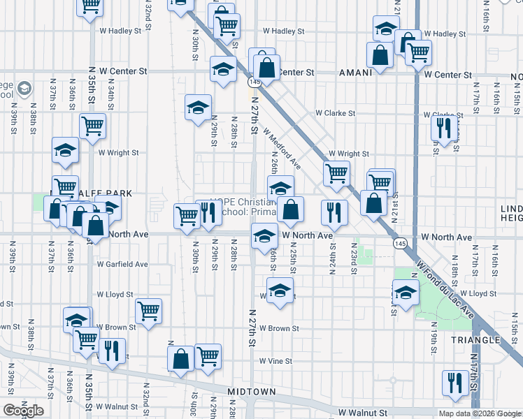 map of restaurants, bars, coffee shops, grocery stores, and more near 2342 North 27th Street in Milwaukee