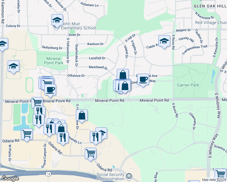 map of restaurants, bars, coffee shops, grocery stores, and more near 342 Island Drive in Madison