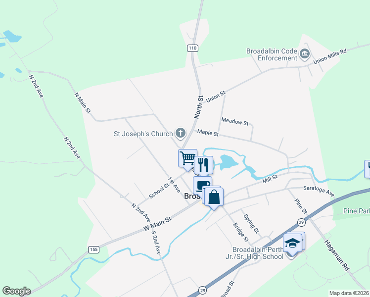 map of restaurants, bars, coffee shops, grocery stores, and more near 4 North Street in Broadalbin