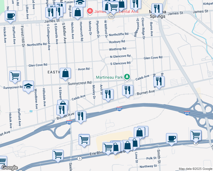 map of restaurants, bars, coffee shops, grocery stores, and more near 505 Plymouth Drive in Syracuse