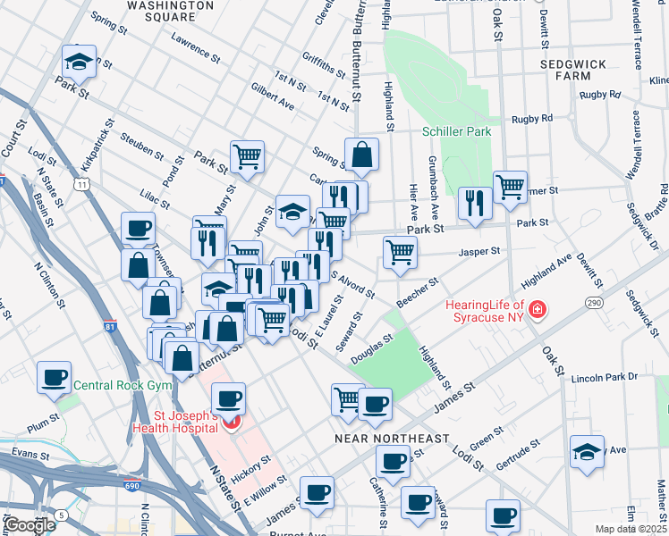 map of restaurants, bars, coffee shops, grocery stores, and more near 808 Butternut Street in Syracuse