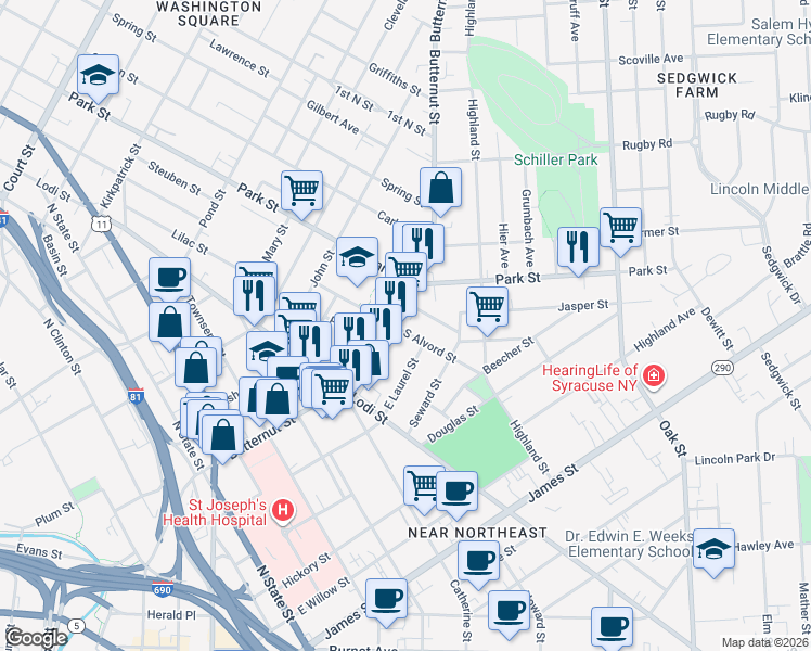 map of restaurants, bars, coffee shops, grocery stores, and more near 808 Butternut Street in Syracuse