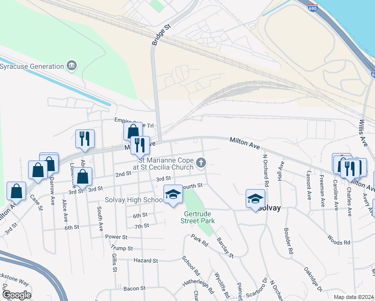 map of restaurants, bars, coffee shops, grocery stores, and more near 2045 Milton Avenue in Syracuse