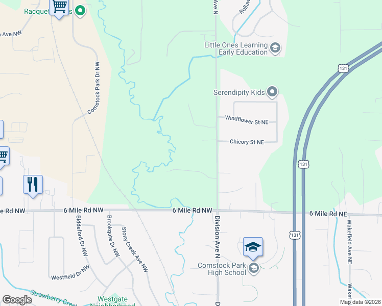 map of restaurants, bars, coffee shops, grocery stores, and more near 5427 Division Avenue North in Comstock Park
