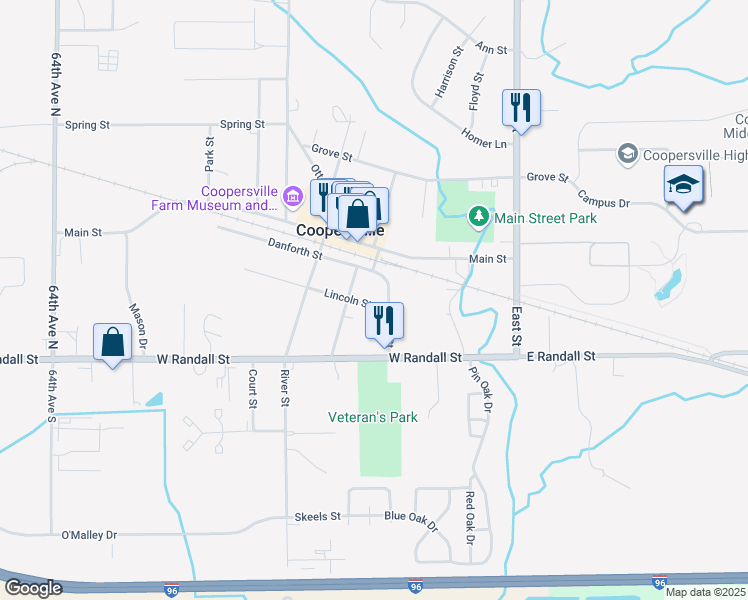 map of restaurants, bars, coffee shops, grocery stores, and more near 275 Lincoln Street in Coopersville
