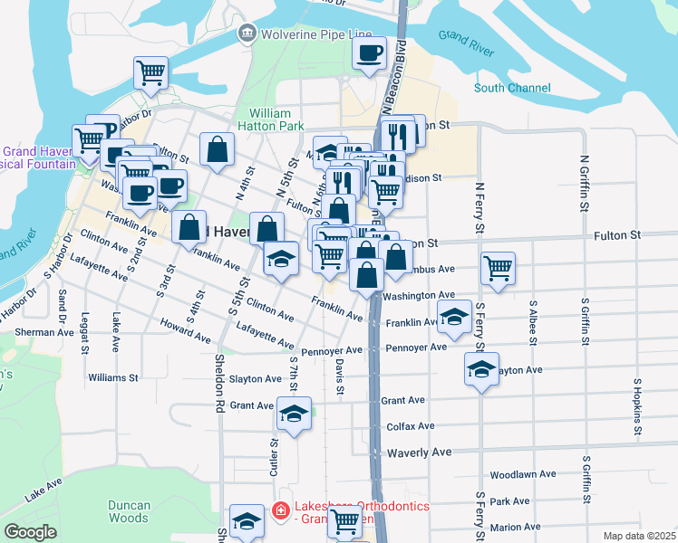 map of restaurants, bars, coffee shops, grocery stores, and more near 7 North 7th Street in Grand Haven