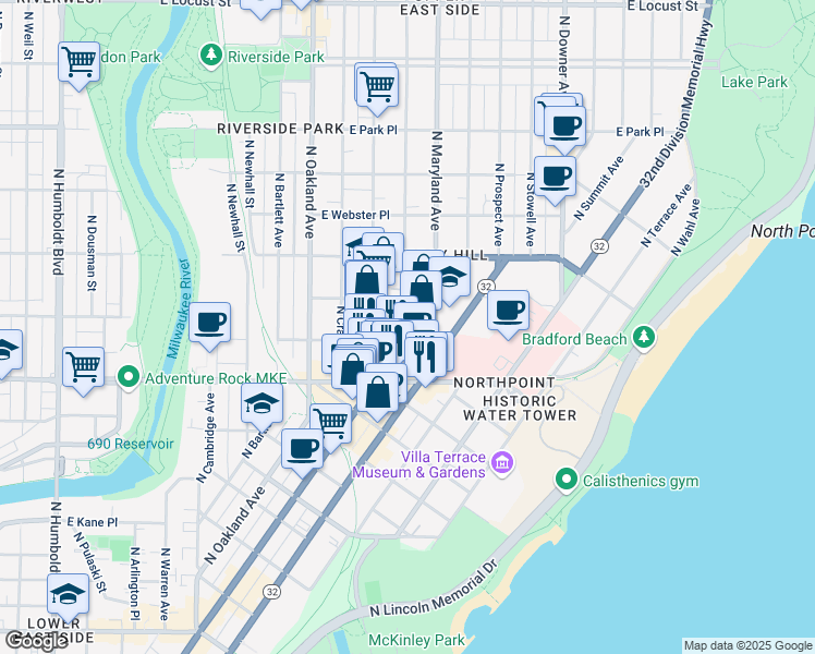 map of restaurants, bars, coffee shops, grocery stores, and more near 2426 North Farwell Avenue in Milwaukee