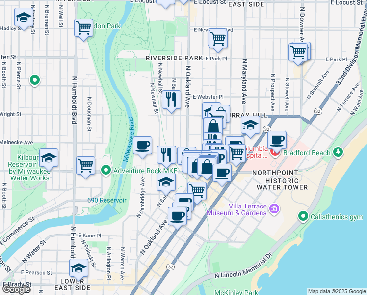map of restaurants, bars, coffee shops, grocery stores, and more near in Milwaukee