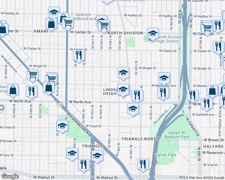 map of restaurants, bars, coffee shops, grocery stores, and more near 2371 North 15th Street in Milwaukee